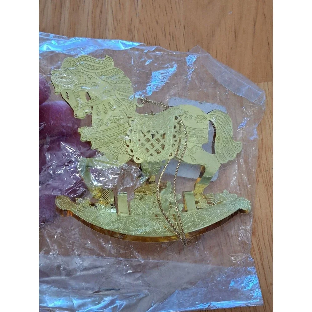 Gold Tone Rocking Horse Christmas Ornament Cut Etched Metal Lightweight NWOT